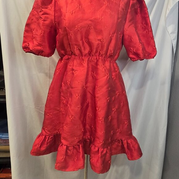 Sister Jane Poppy Dress Red Jacquard Mini Short Puff Sleeves Heart Back Medium - Picture 2 of 12